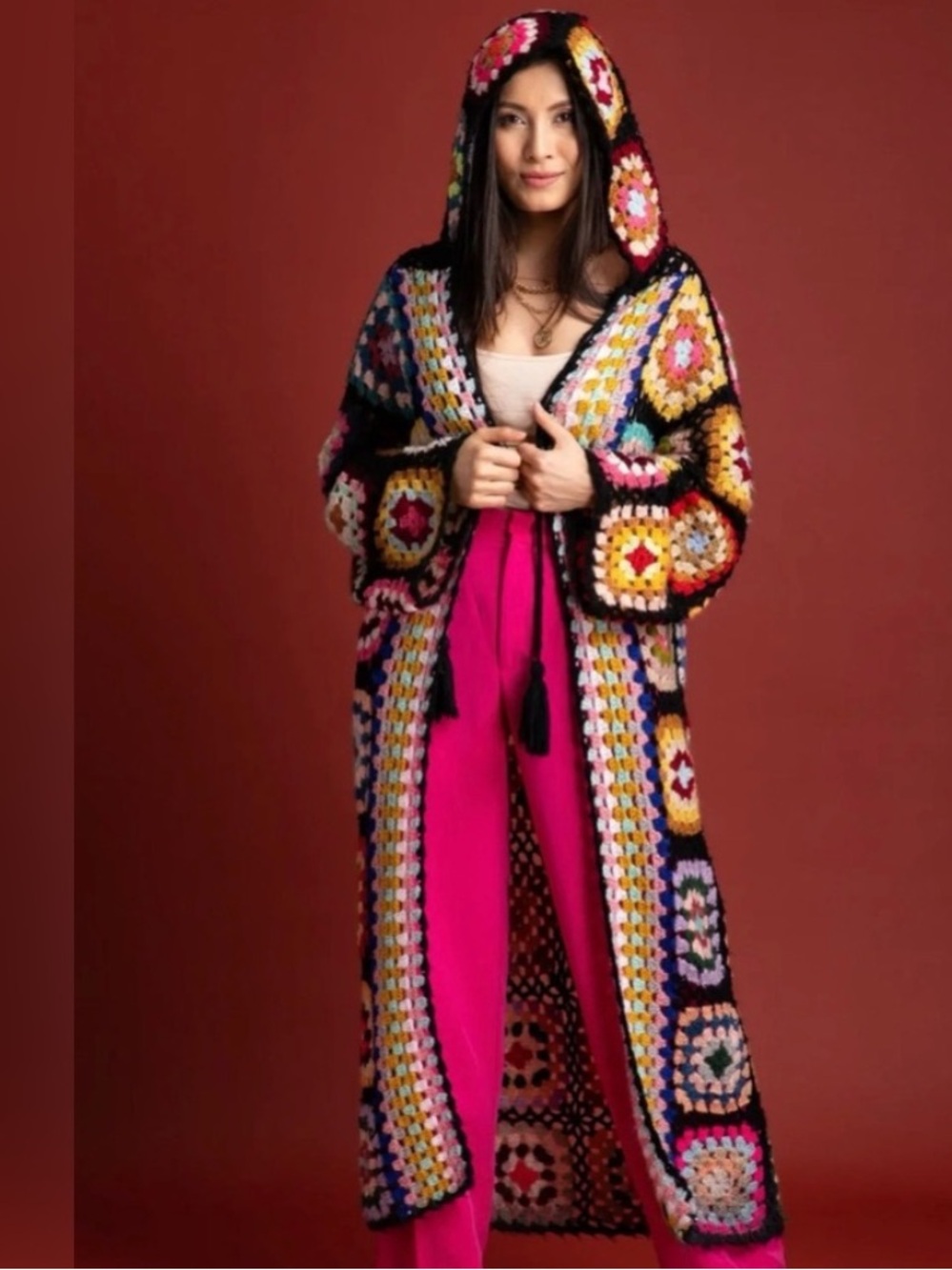 Multicolor Crochet Granny square hooded maxi cardigan one size - Picture 6 of 15
